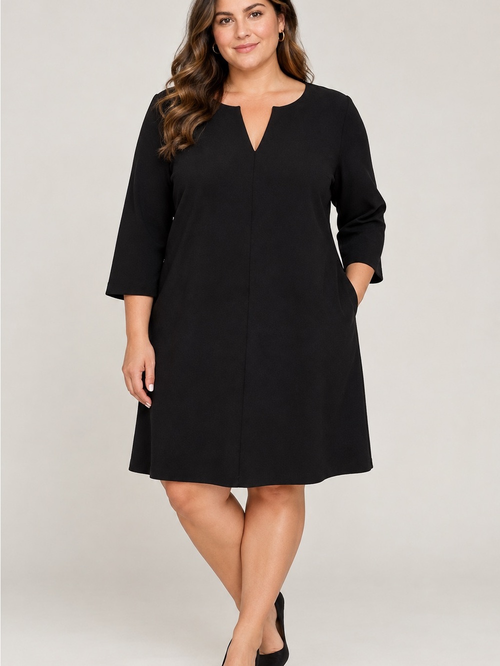 H&M Black Midi A-Line Dress with Notch Neck